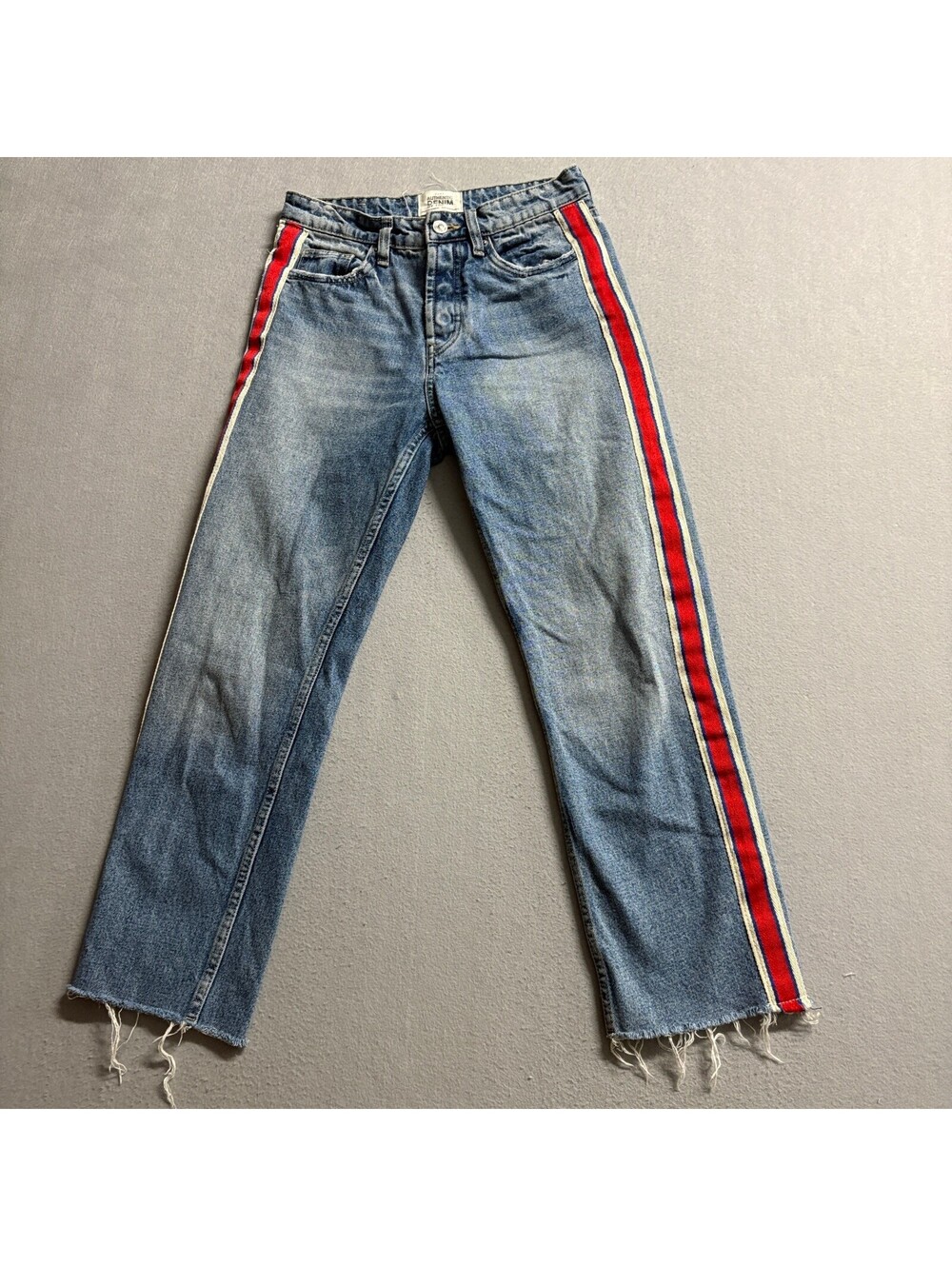Zara TRF Side Stripe Jeans Womens Size 24 Blue Denim Raw Hem Straight Leg